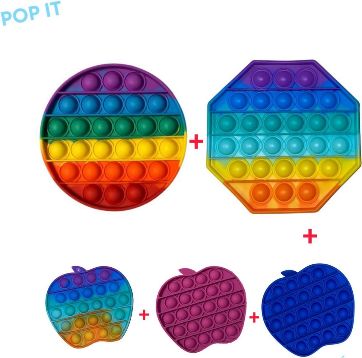 Pop it | Fidget toys | Fidget toys pakket Unieke Set 5 in 1 Rainbow regenboog rond + achthoek + Appel regenboog + blauw + paars | Trend 2021 | Anti stress | Meisjes  jongens volwassenen | Verjaardag cadeautip | Leuk voor pasen